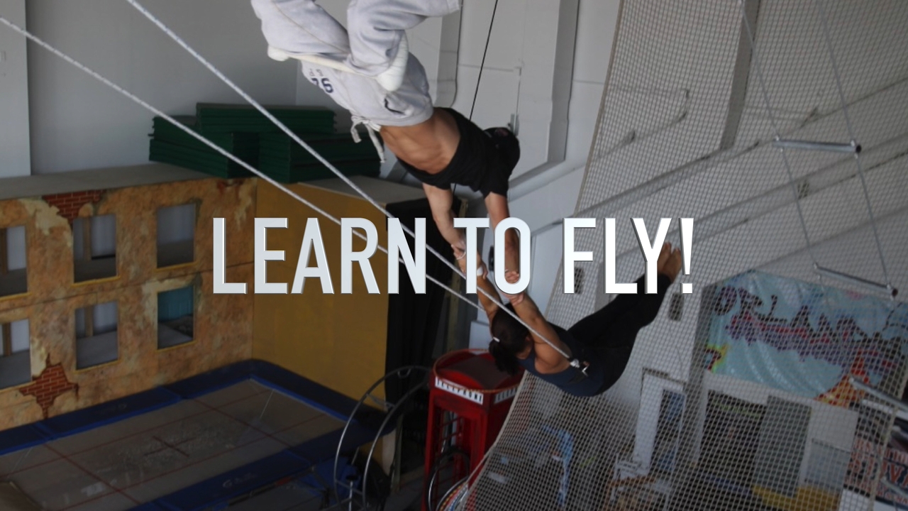 Two flyers on the flying trapeze over the net, with the words "Learn to Fly!"